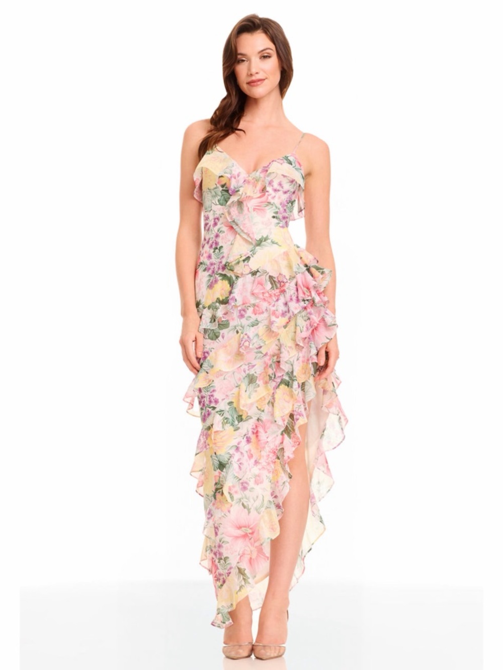 NWT Dress The Population Josefina‎ Ivory Multi Floral Ruffle Cocktail Dress